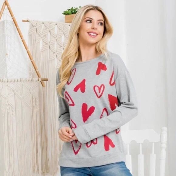 Soft Gray Heart Print Long Sleeve Top Small - Picture 2 of 4